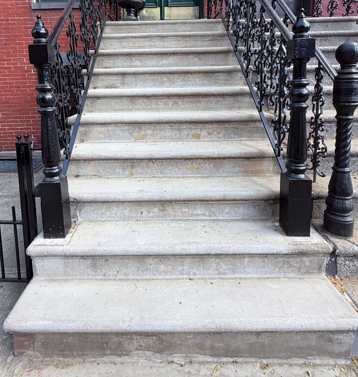 Biological growth and staining on historic limestone exterior in Park Slope Brooklyn