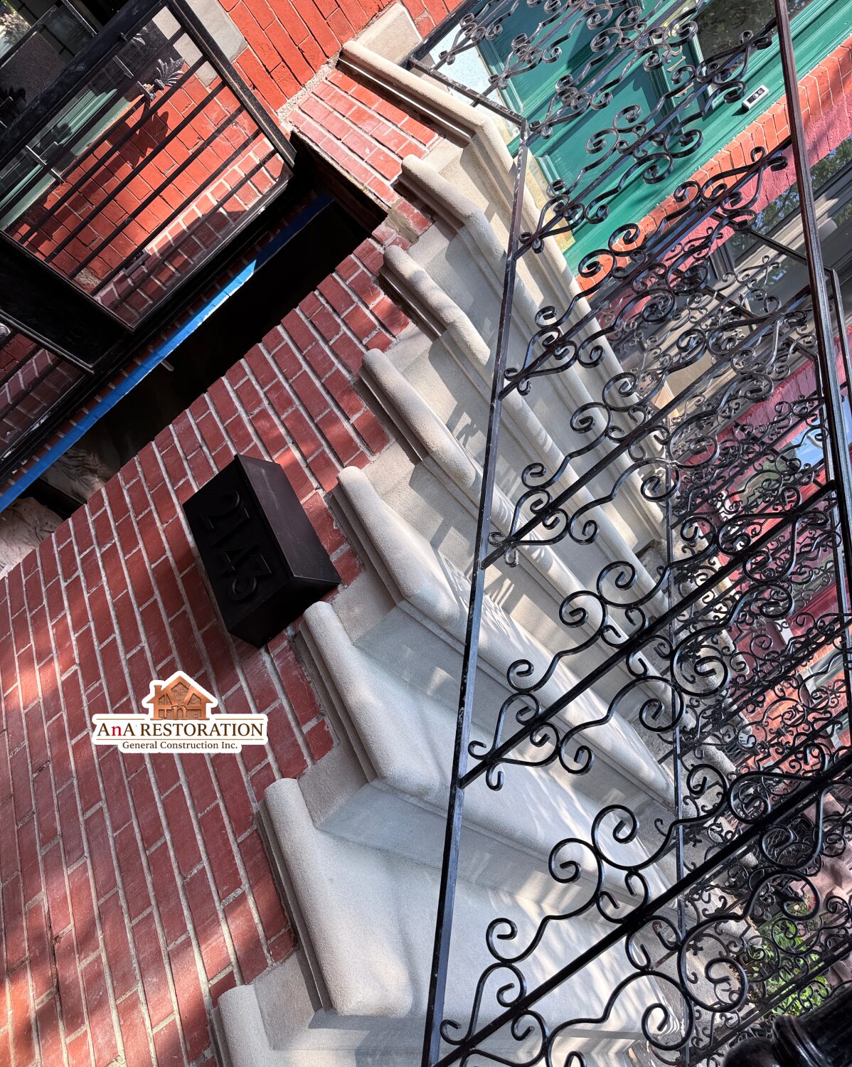 Restored brownstone stoop in Park Slope after professional limestone repair and cleaning