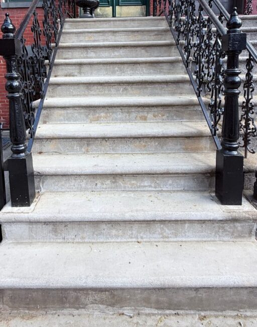 Biological growth and staining on historic limestone exterior in Park Slope Brooklyn